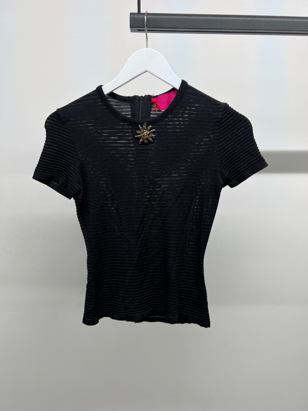 Christian Lacroix Black Ribbed Short-Sleeve Top with Starburst Embellishment